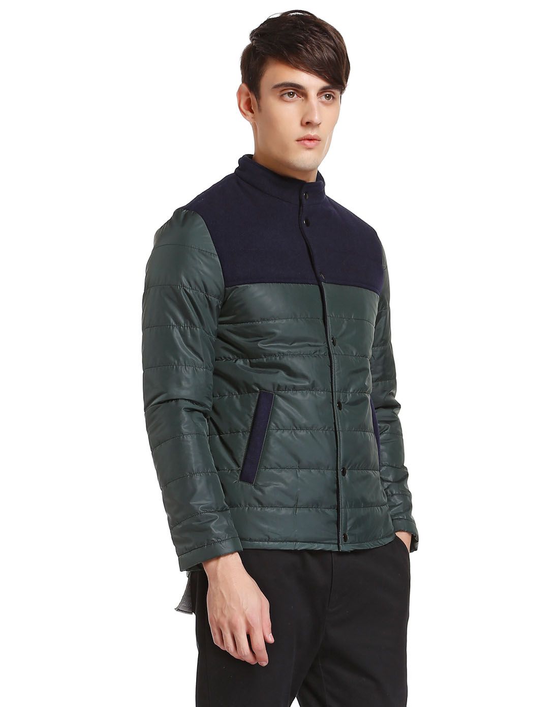 蓝/墨绿色简约拼接长袖棉服