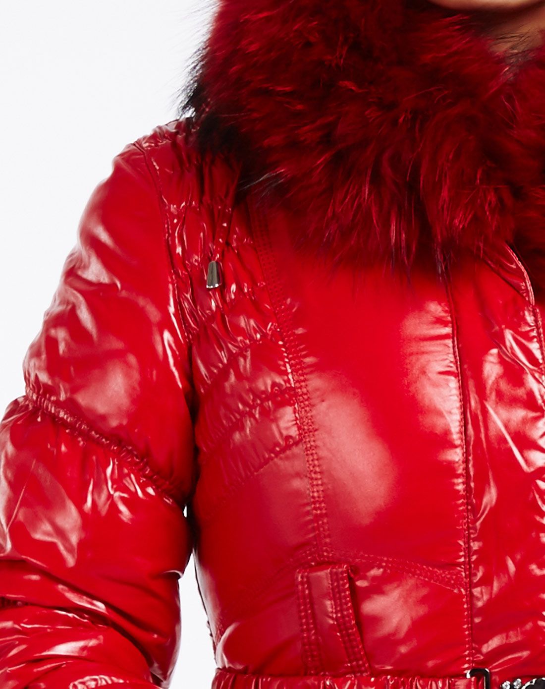 红色冬装加厚亮皮中长款羽绒服