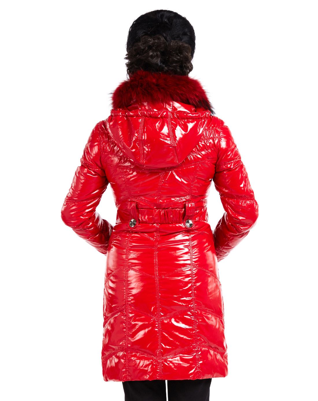 红色冬装加厚亮皮中长款羽绒服