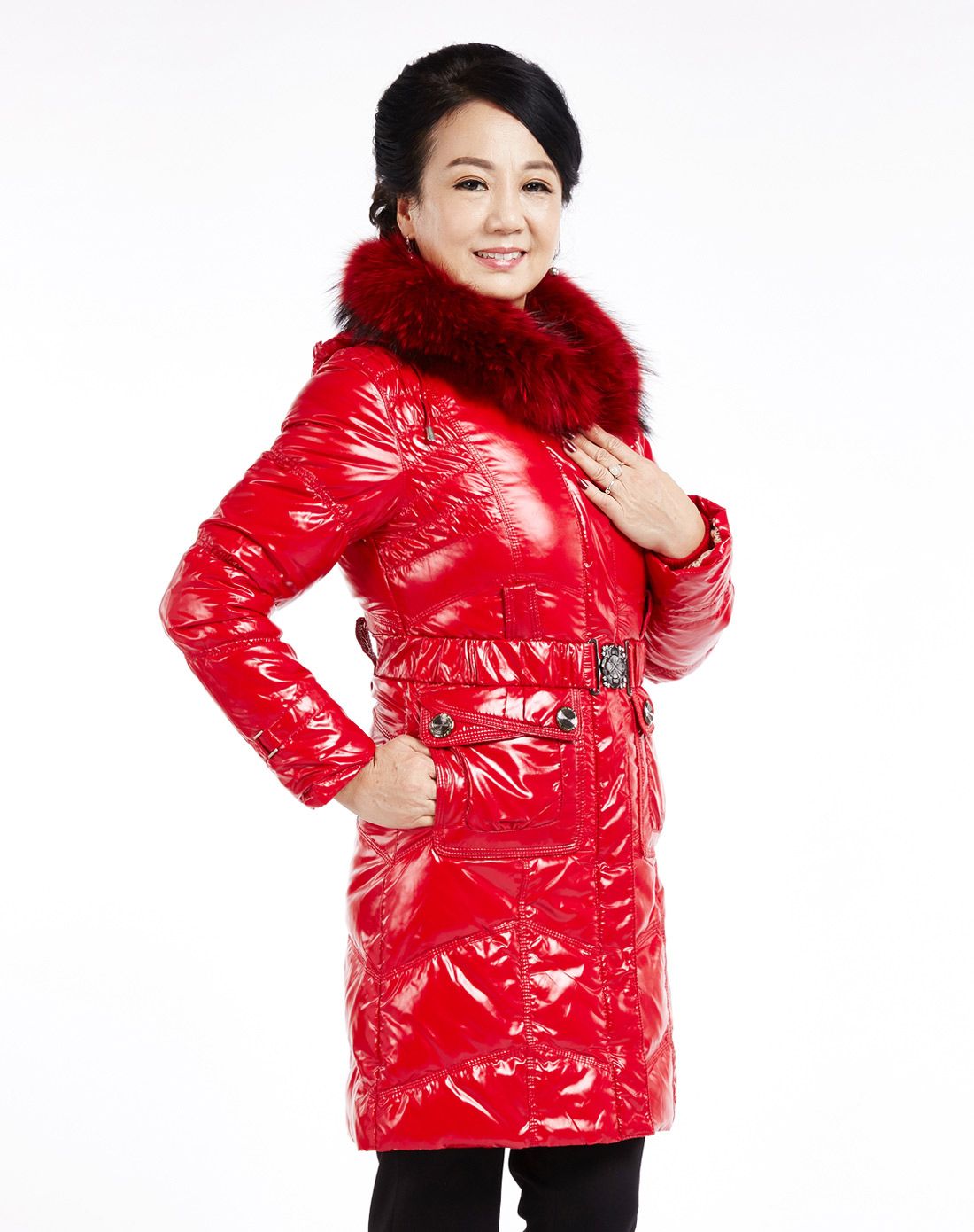 红色冬装加厚亮皮中长款羽绒服