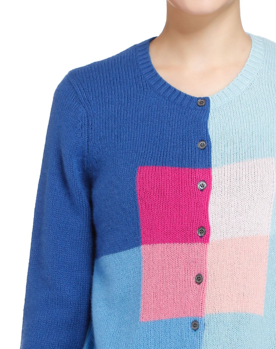 中酞蓝个性拼接山羊绒开襟长袖针织衫