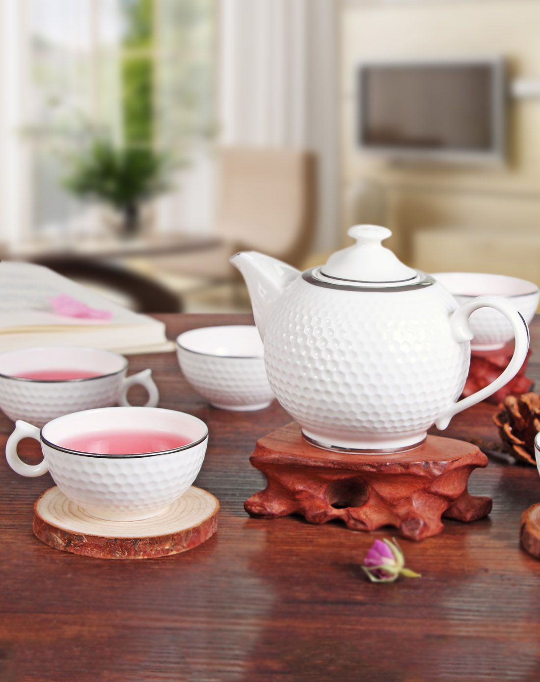 雅诚德 出口顶级骨瓷铂爵茶具7件套(一壶六杯)-白金浮雕