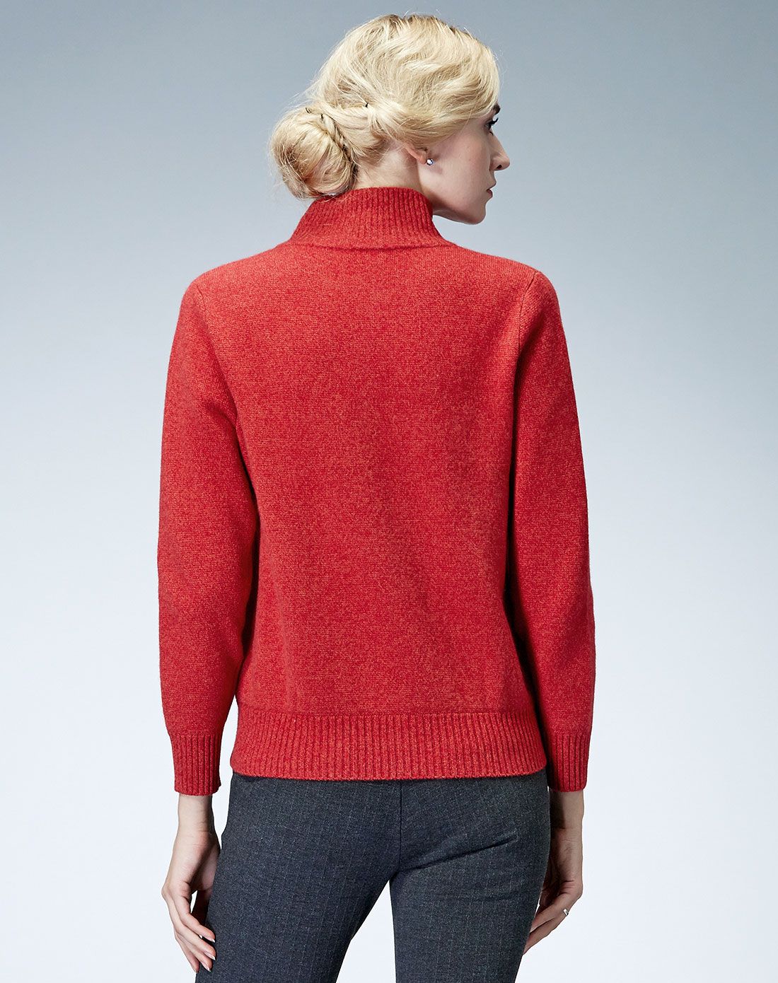 女士茜红大红半高领加厚拉链羊绒衫