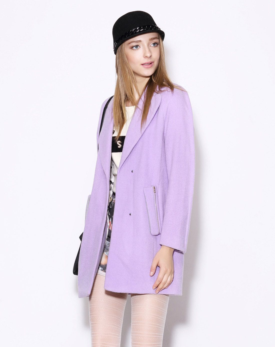 showy&co.浅紫色时尚茧型翻领长袖中长款毛呢大衣s44d115p1_唯品会