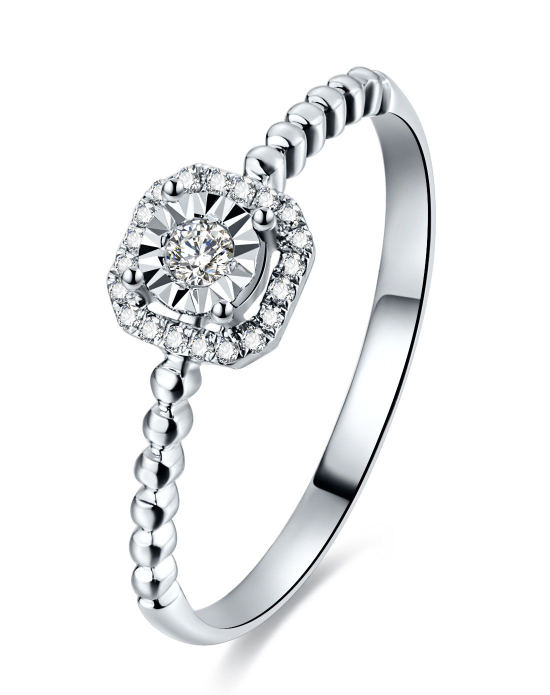 周六福 白18k金钻石女戒车花片显钻设计