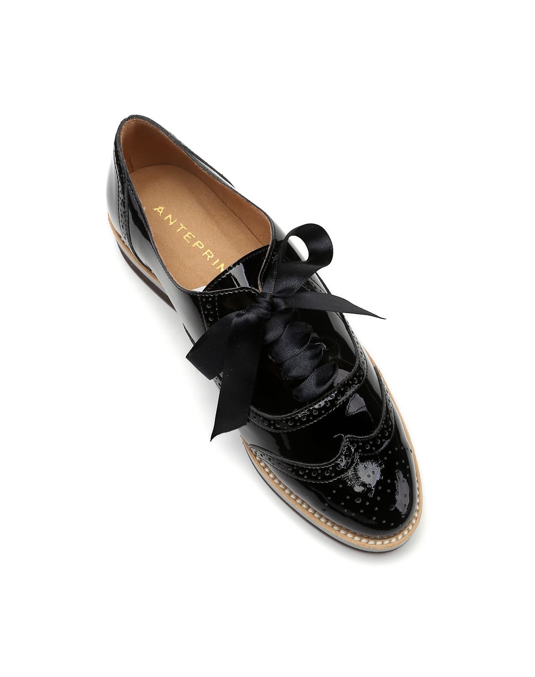 anteprima女款黑色布洛克花纹休闲皮鞋