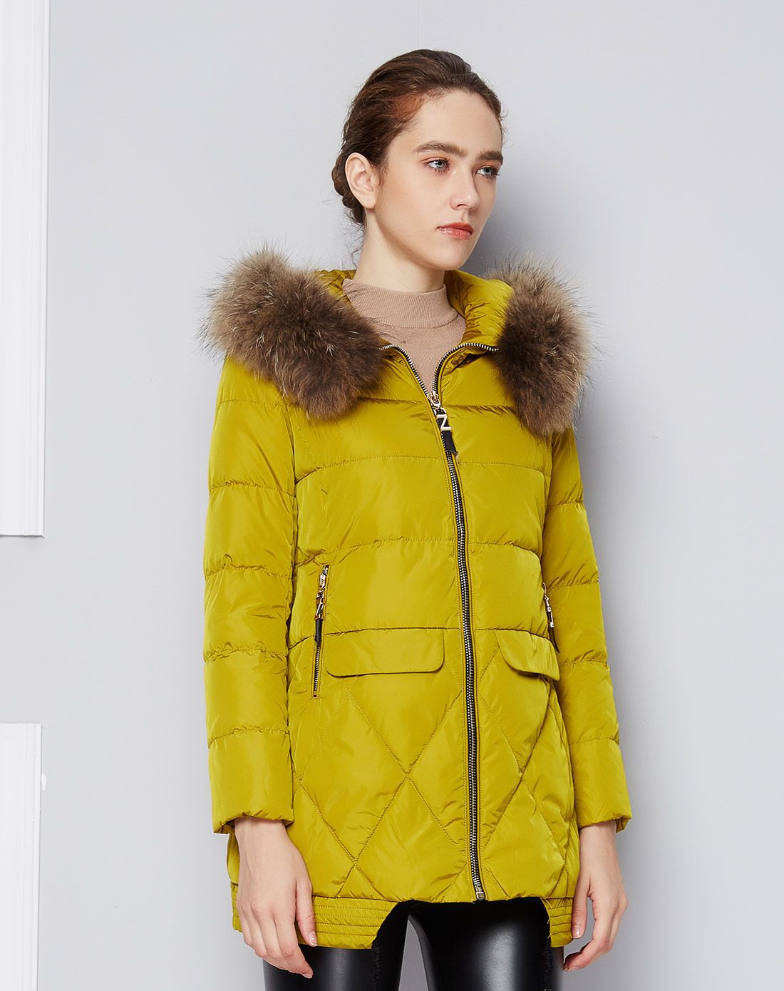 中长款秋香黄韩版连帽宽松大码毛领羽绒服