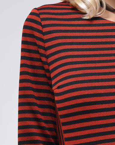 红黑条纹圆领长袖收腰连衣裙