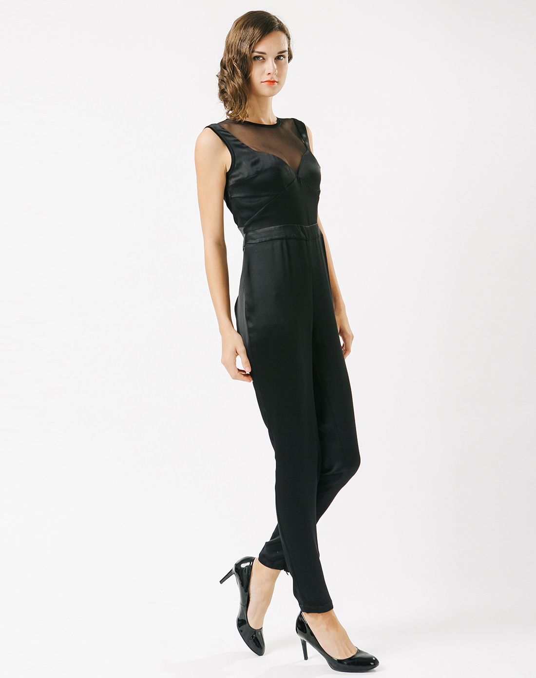 黑色知性修身显瘦高端真丝连体裤