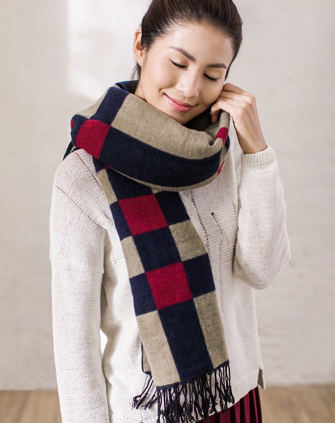 茵曼 蓝色英伦女士格子围巾秋冬保暖披肩围巾两用