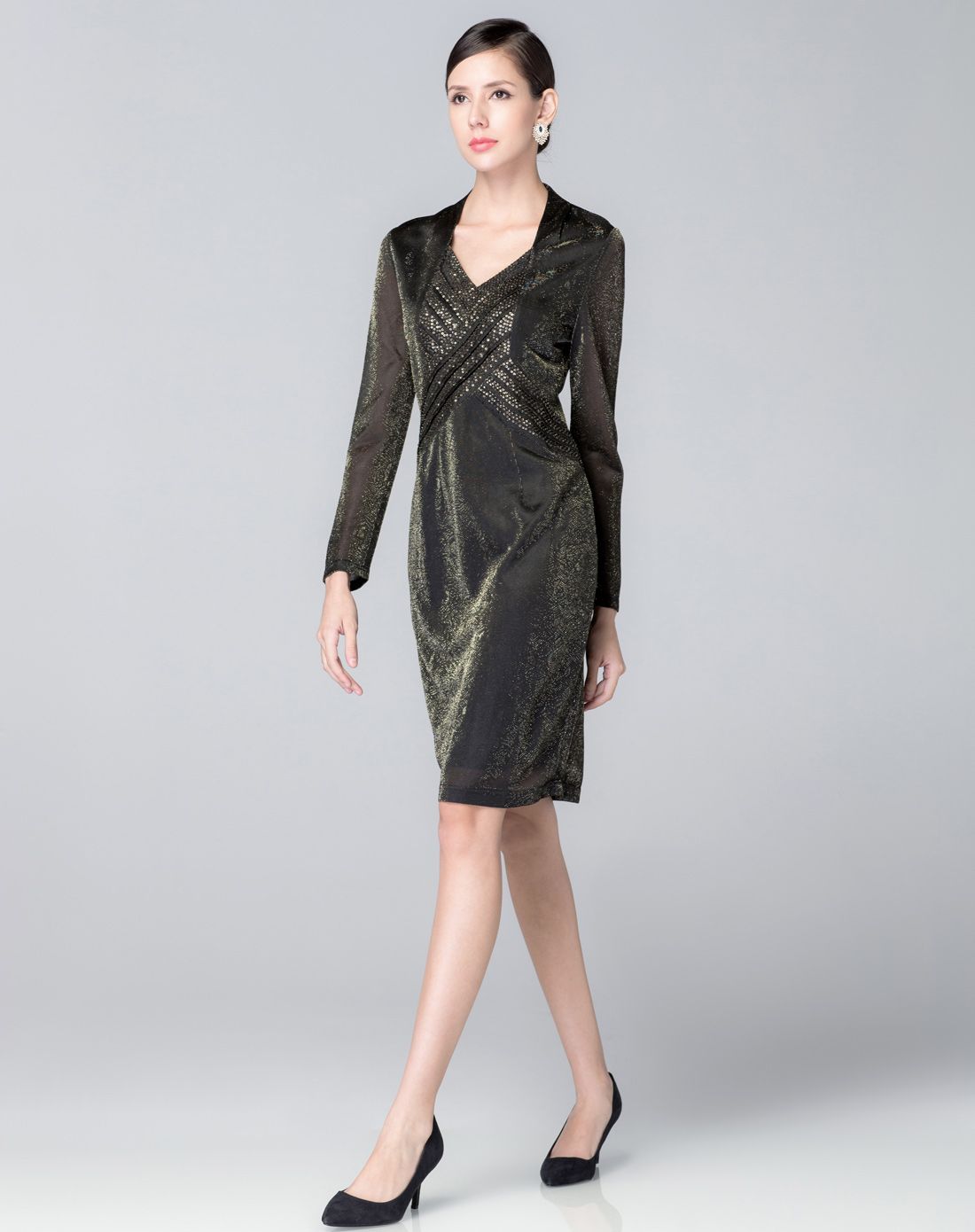 路逸沙·美louisa m黑色镶钻长袖时尚连衣裙w113d22-10_唯品会