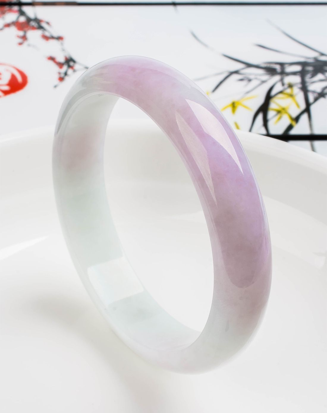 紫气东来 天然a货冰糯种粉紫春带彩莹润翡翠手镯