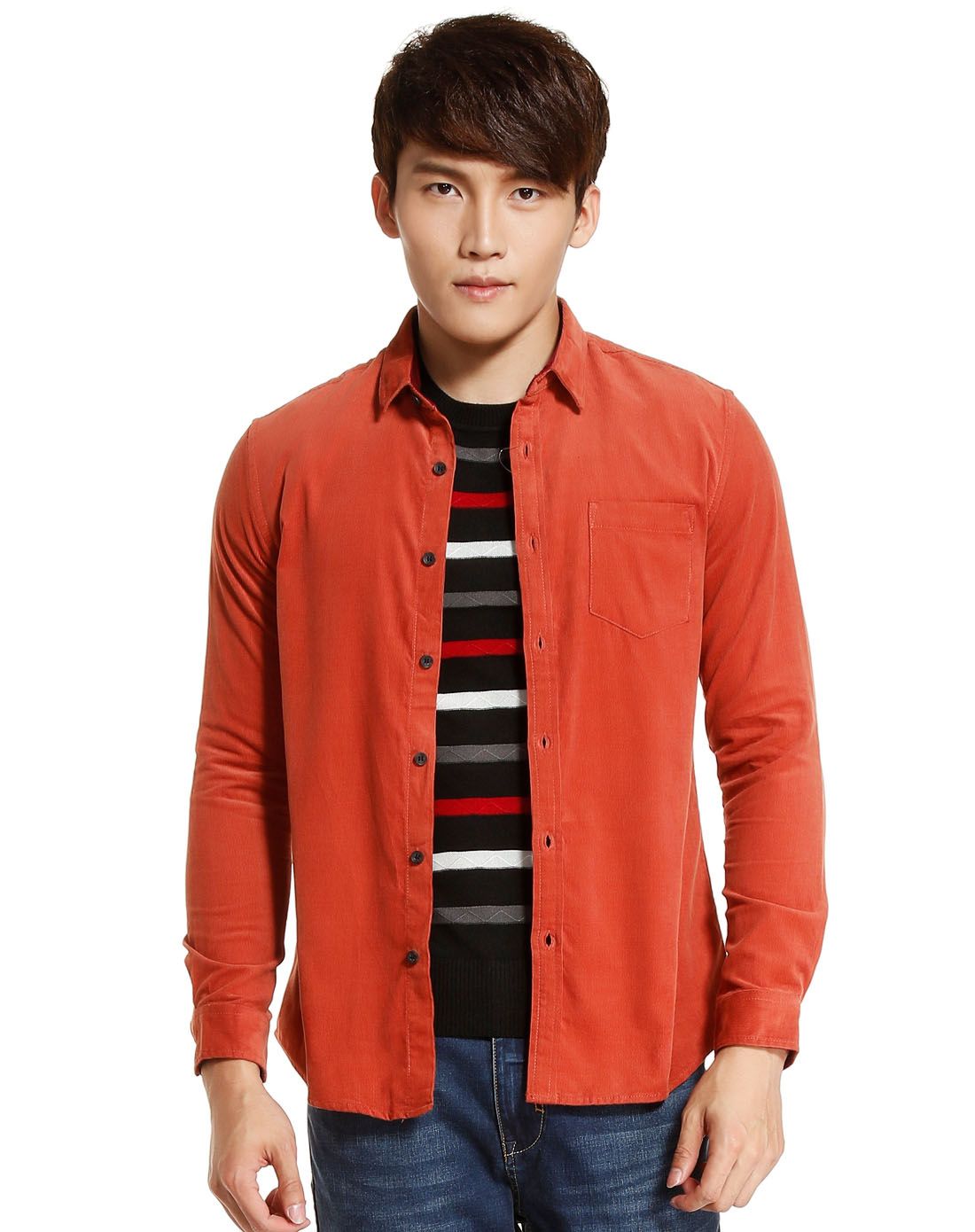 美特斯邦威metersbonwe男装专场 棕红色舒适灯芯绒长袖衬衫