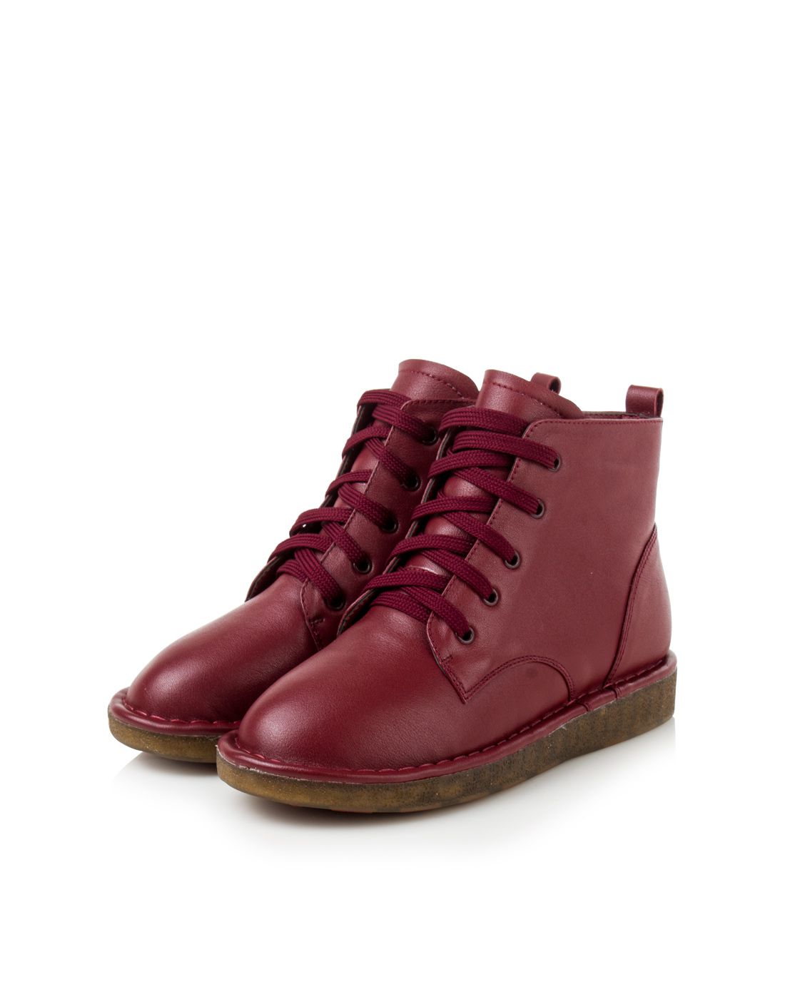 维杜拉vedullar鞋包清仓专场酒红色牛皮拉链简约平跟加绒短靴w