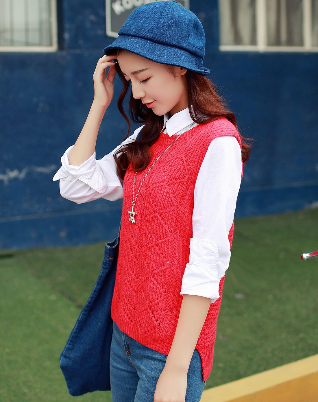 红色韩版毛衣背心马甲女针织衫