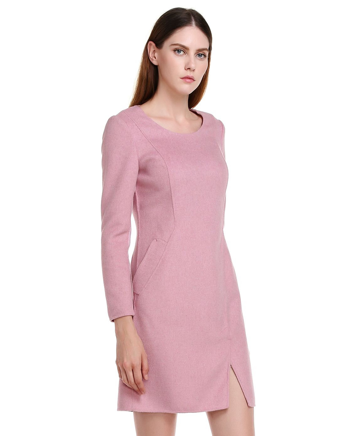 豆沙粉色斯文优雅长袖连衣裙