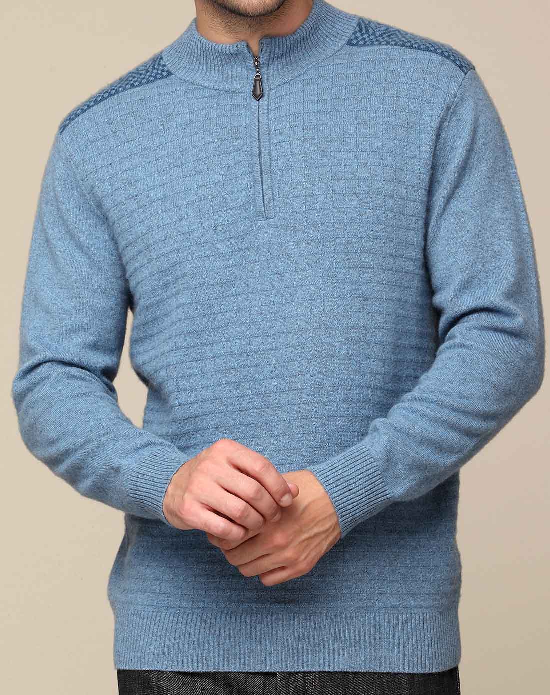 男款半襟拉链领灰蓝色长袖纯羊绒衫