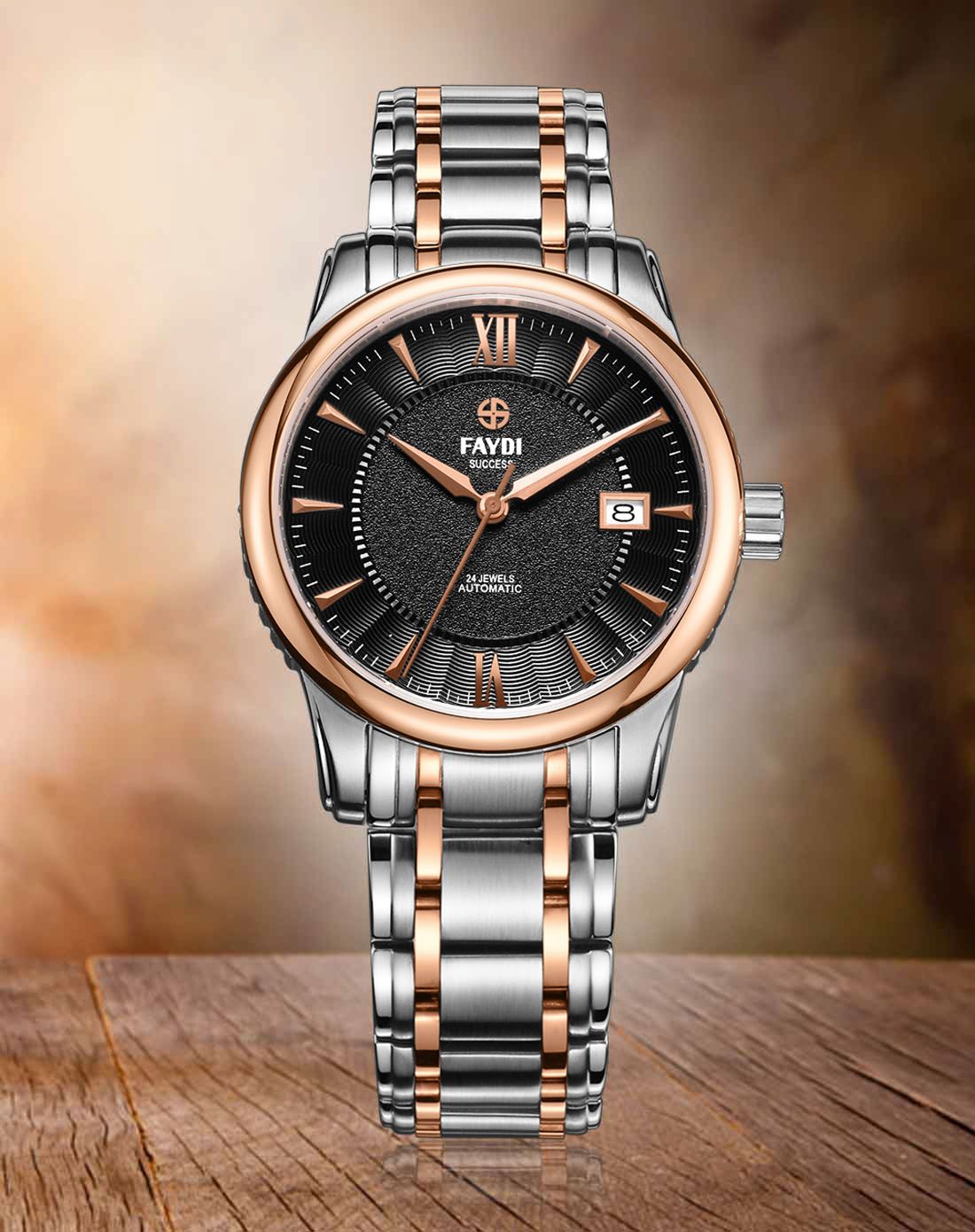 飞迪faydi 时尚商务休闲机械腕表情侣男款玫瑰金