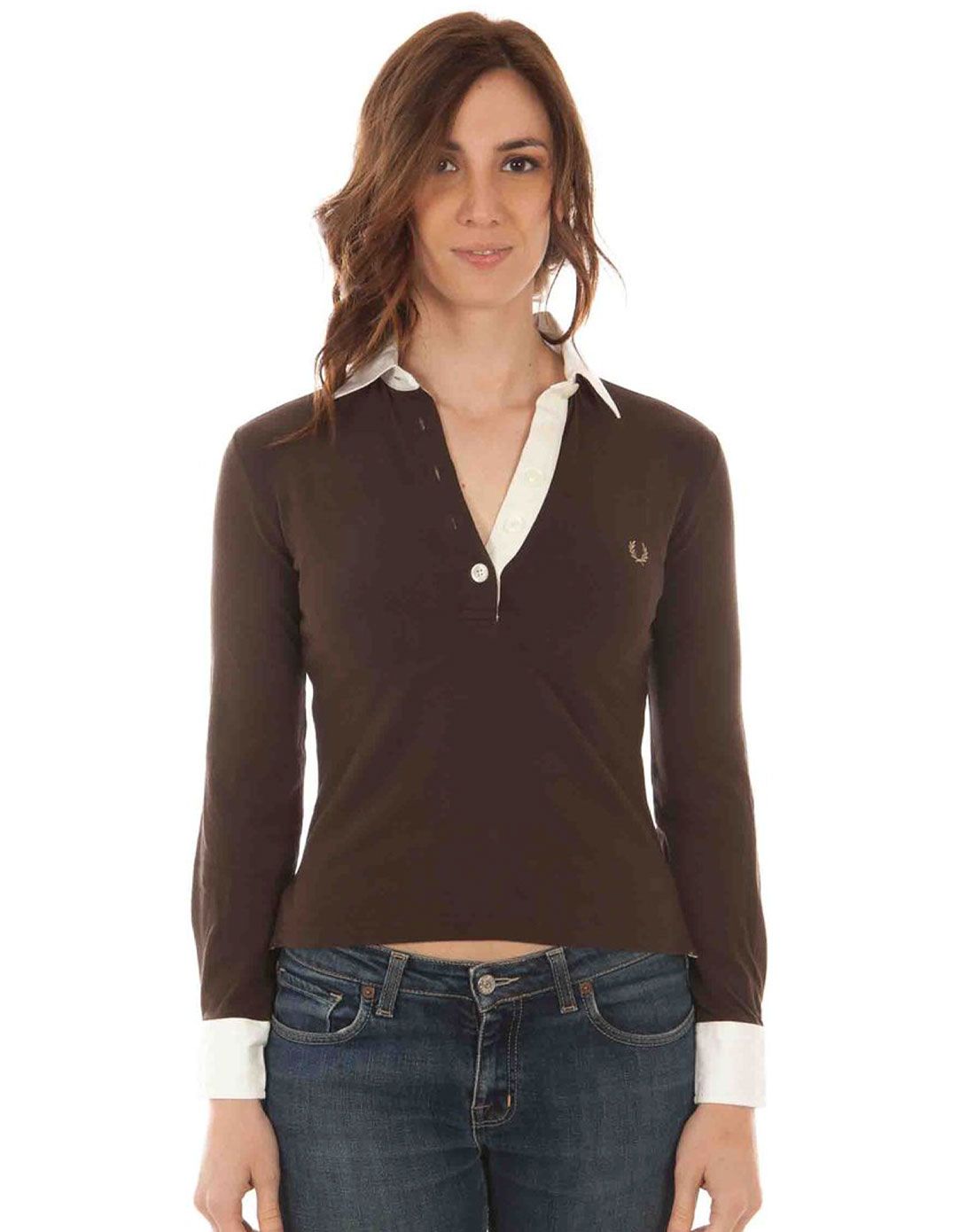 > fred perry 女装深啡色时尚低v长袖t恤