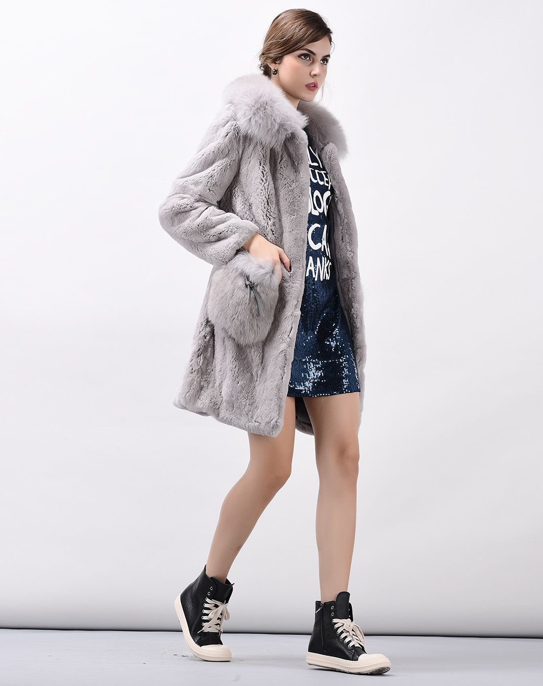 灰色拼狐狸毛领中长款奢华兔毛皮大衣