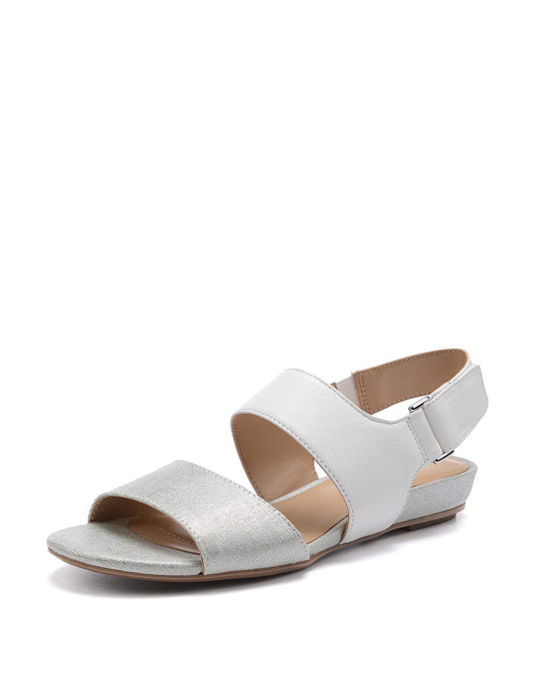 女款白色羊皮拼接平跟凉鞋