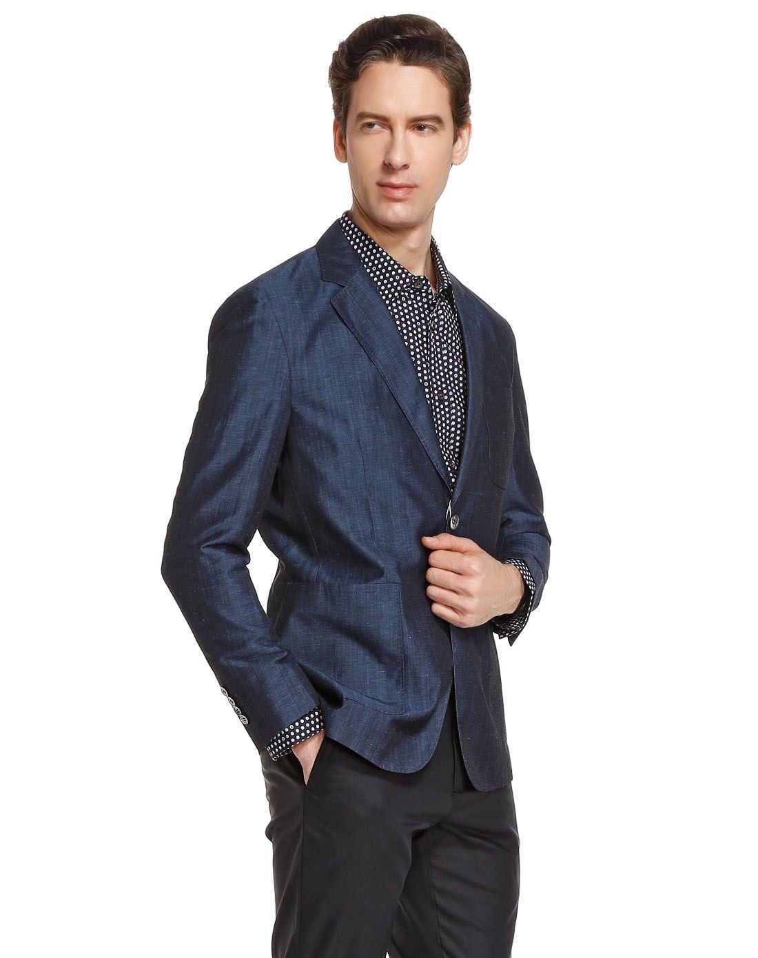 深蓝色尊贵商务翻领长袖休闲西服