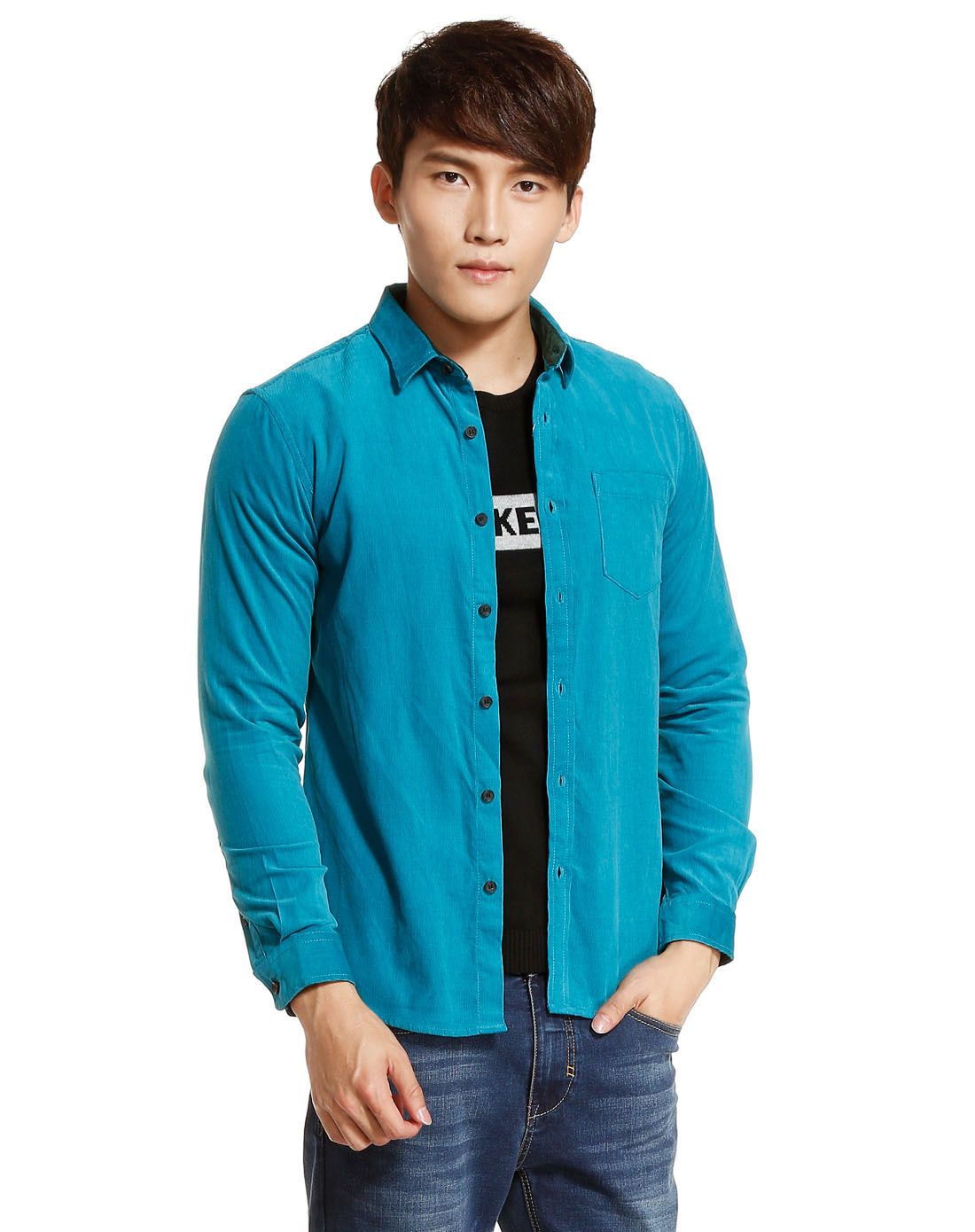 蓝绿色舒适灯芯绒长袖衬衫