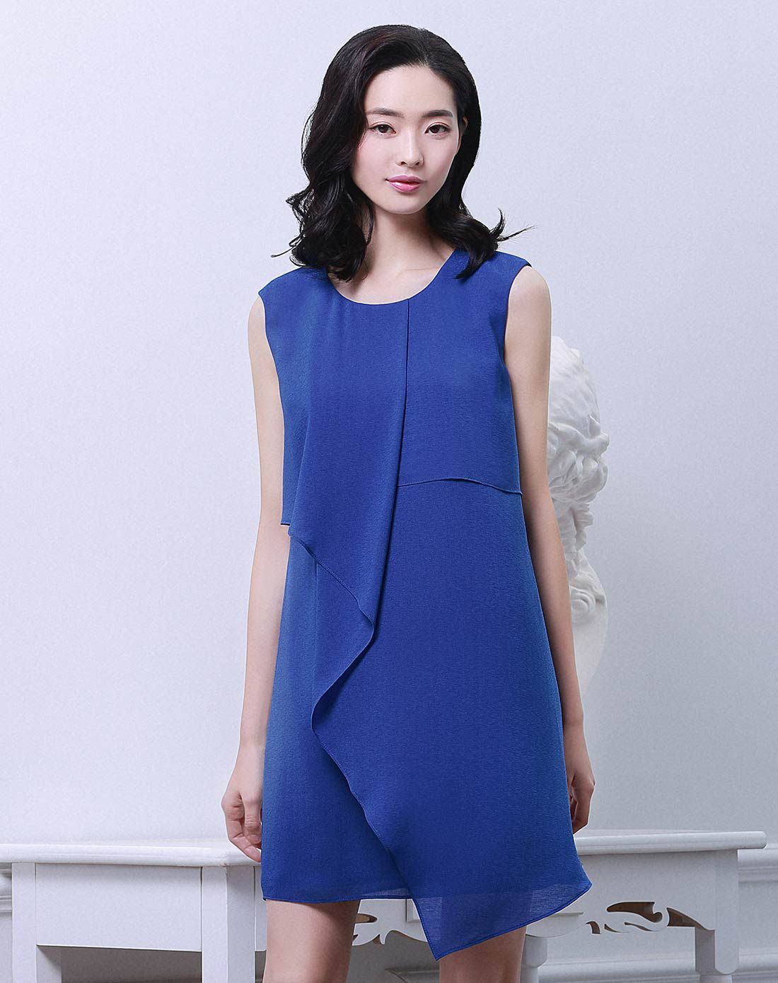 优雅蓝夏日清凉优雅圆领小a无袖连衣裙