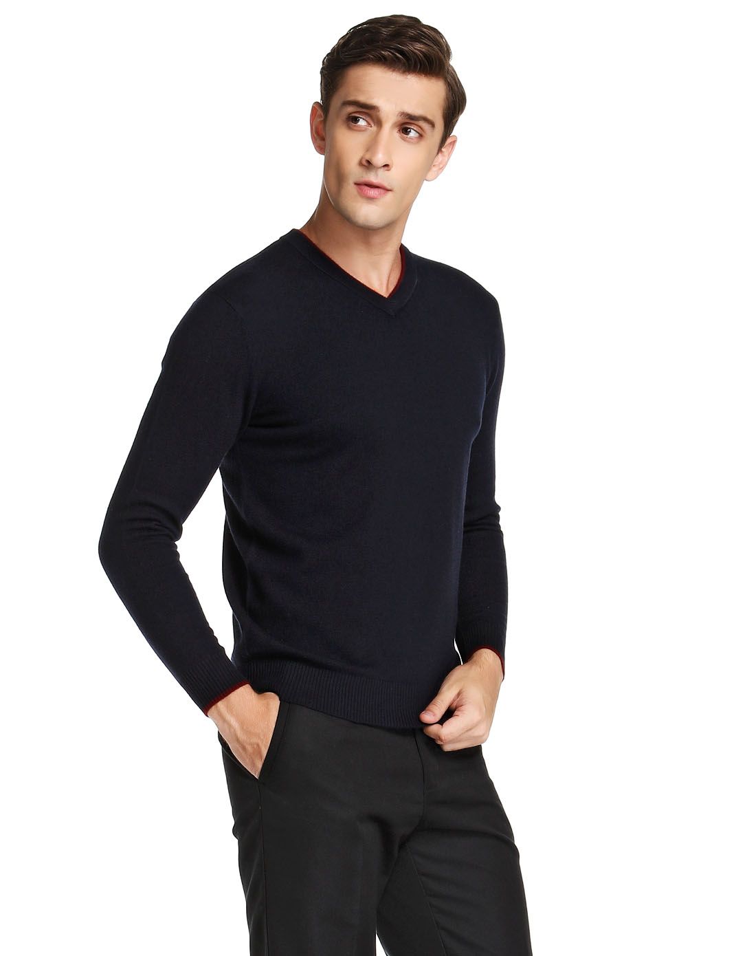 藏蓝色纯美利奴羊毛简约大方针织衫