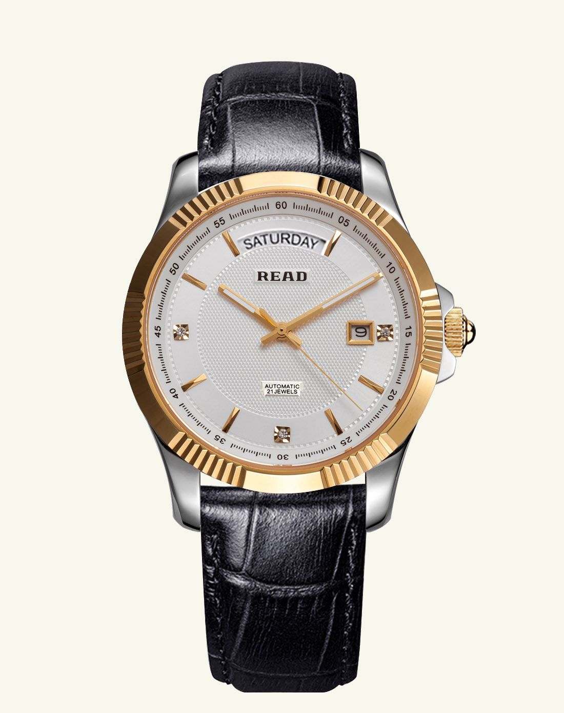 锐力read手表专场 商务真皮防划面自动机械男表白面间金黑带