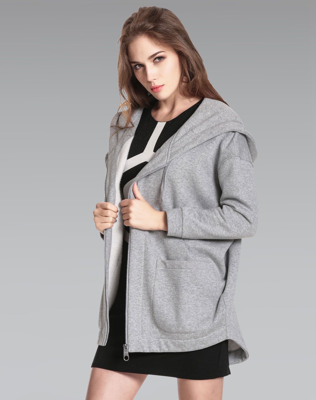 意大利ac米兰女士运动服专场舒适保暖 女款中麻灰抓绒带帽拉链衫ac