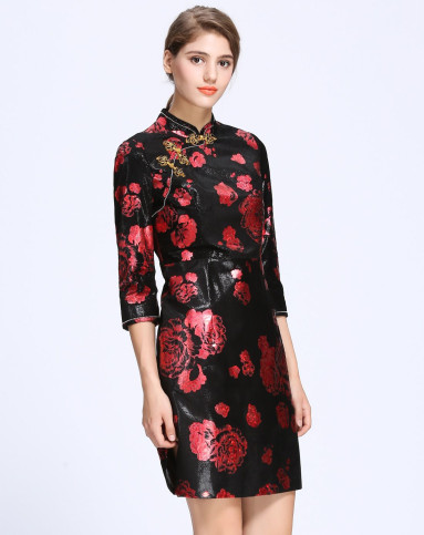 女装绵羊皮中袖时尚花色复古旗袍