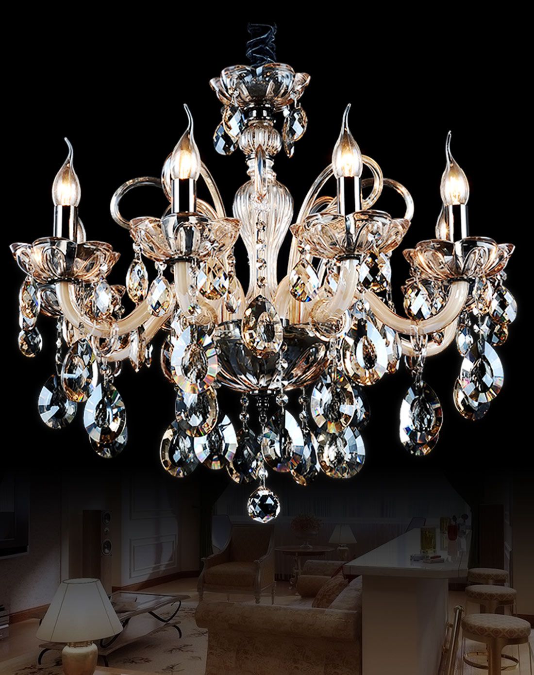 8头欧式干邑色水晶吊灯20-25平