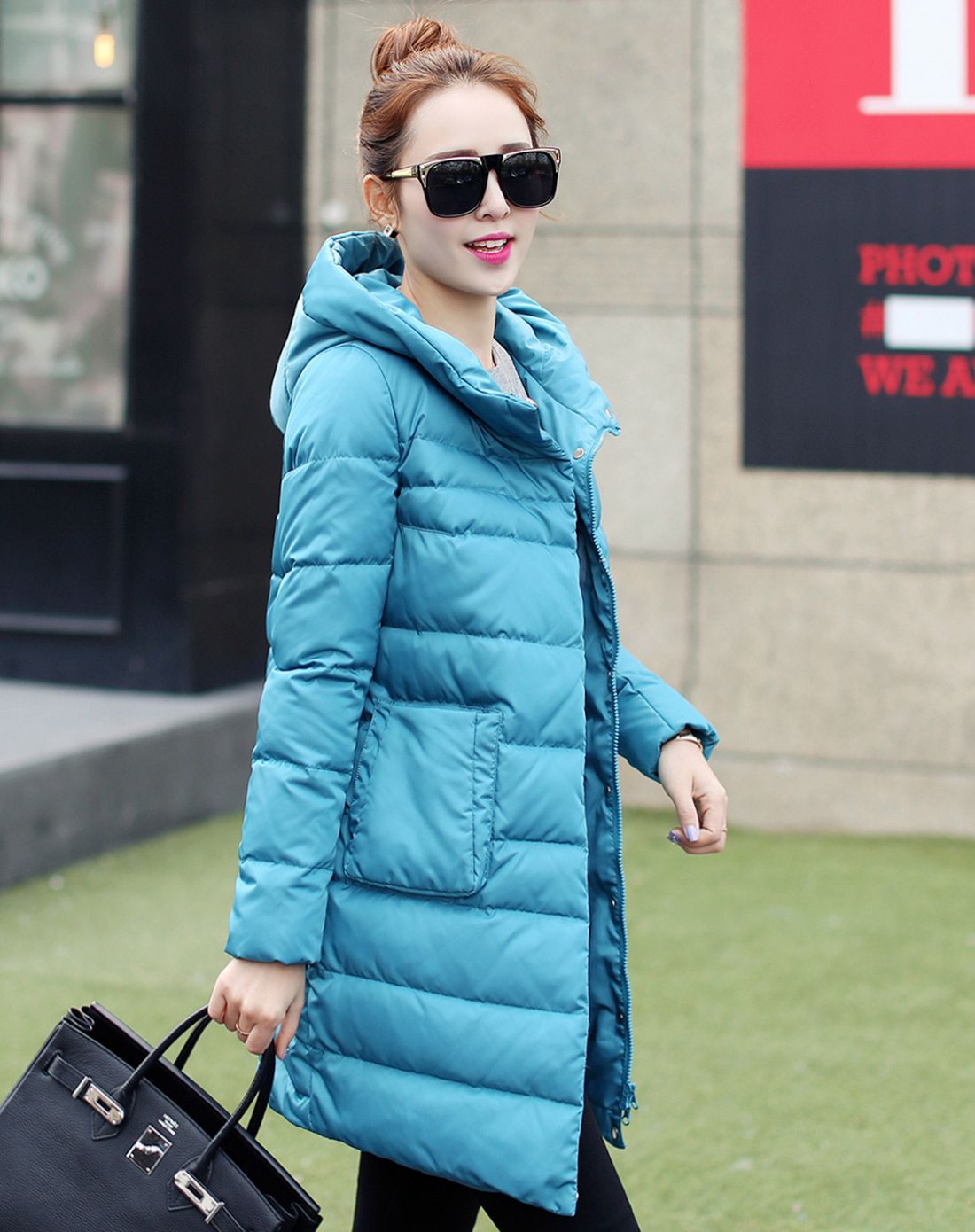 女款 蓝绿 休闲中长款羽绒服