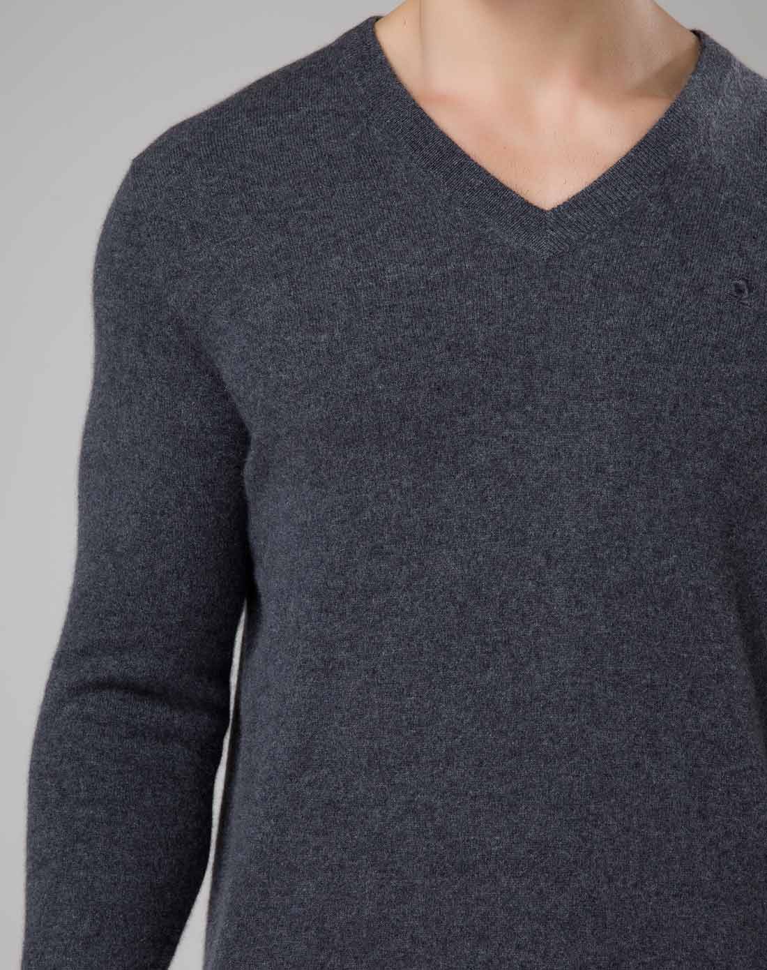 男款v领深灰色长袖纯羊绒衫