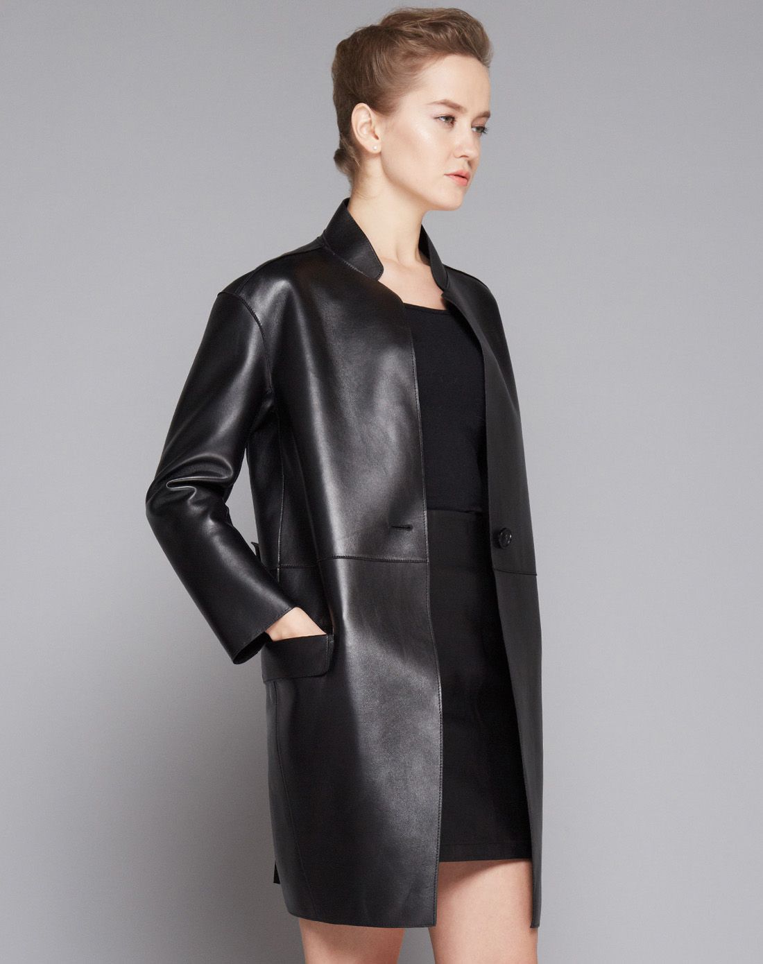 黑色羊皮立领时尚皮衣女士大衣