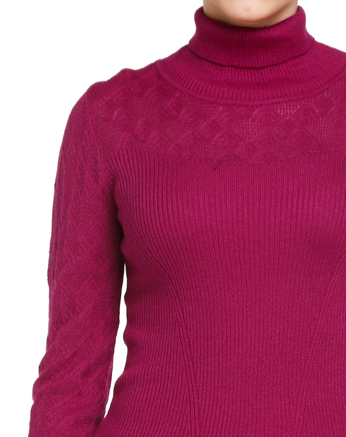 深玫红色舒适斯文高领长袖针织衫