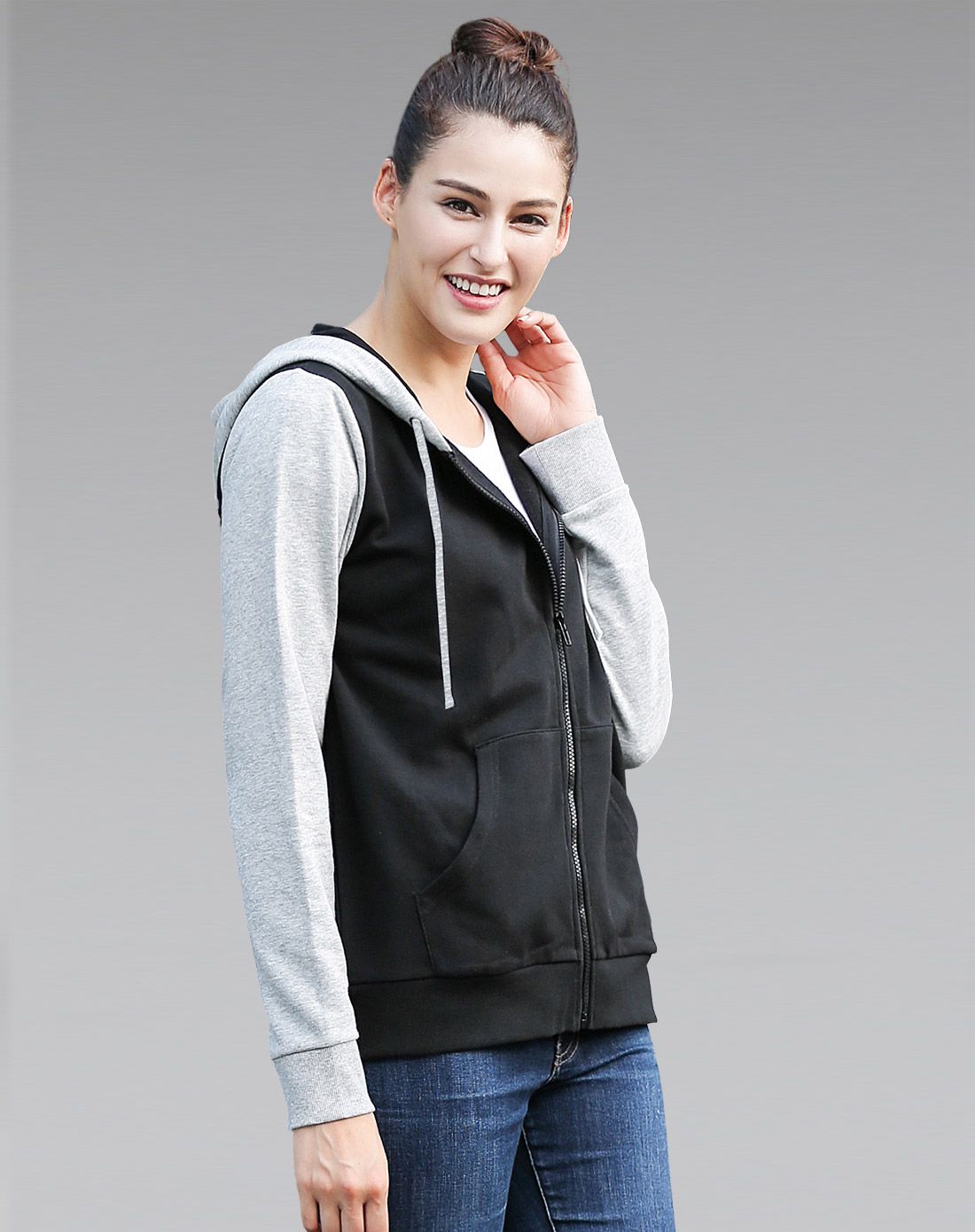 意大利ac米兰女士运动服专场时尚拼色 女款黑色带帽拉链衫ac1006m001