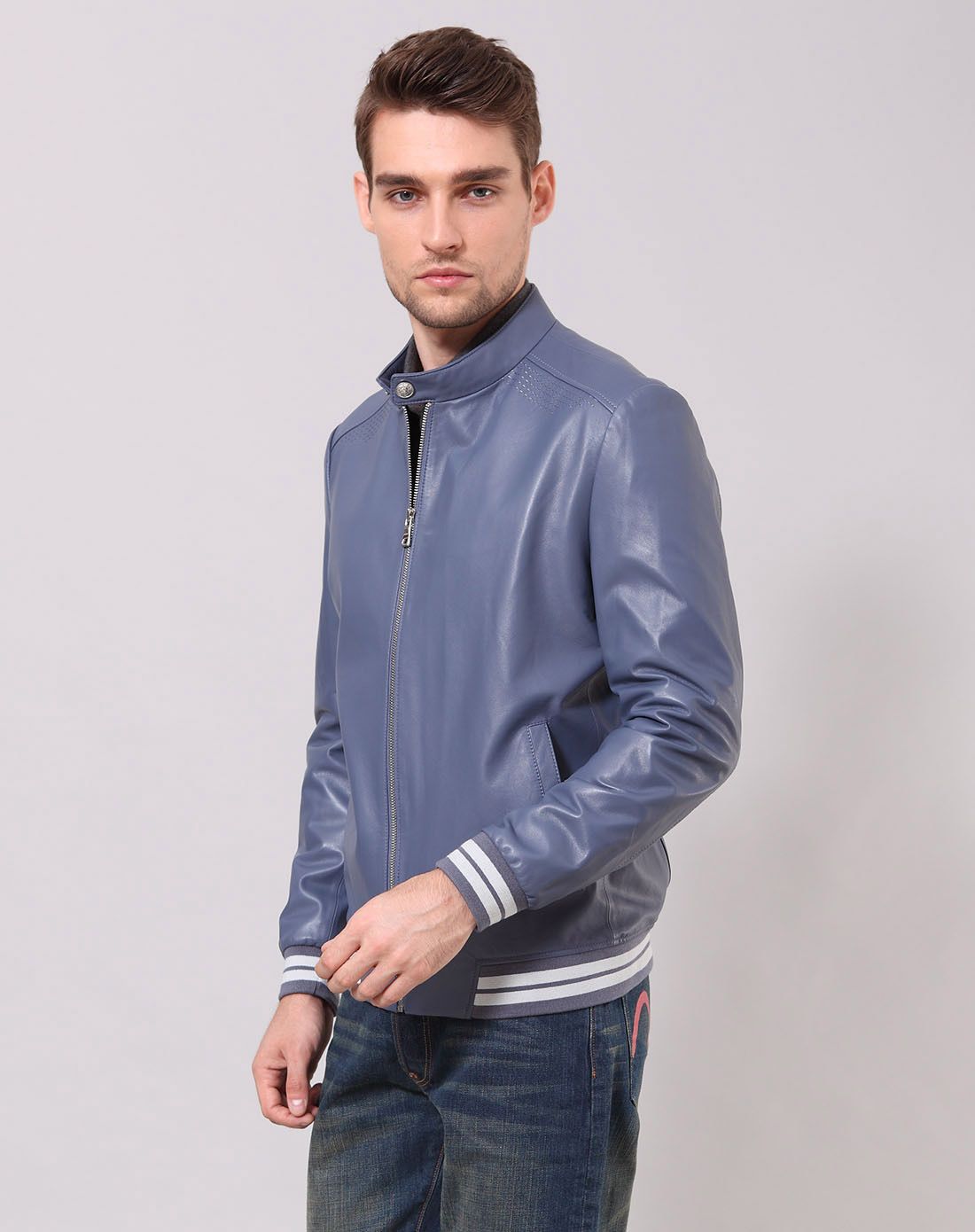 男灰蓝色小立领休闲时尚绵羊皮外套