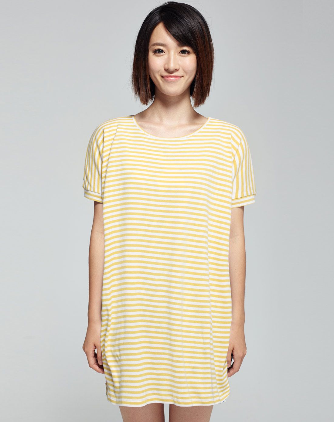 水洗精梳全棉条纹宽松百搭女式短袖t恤-黄白条纹