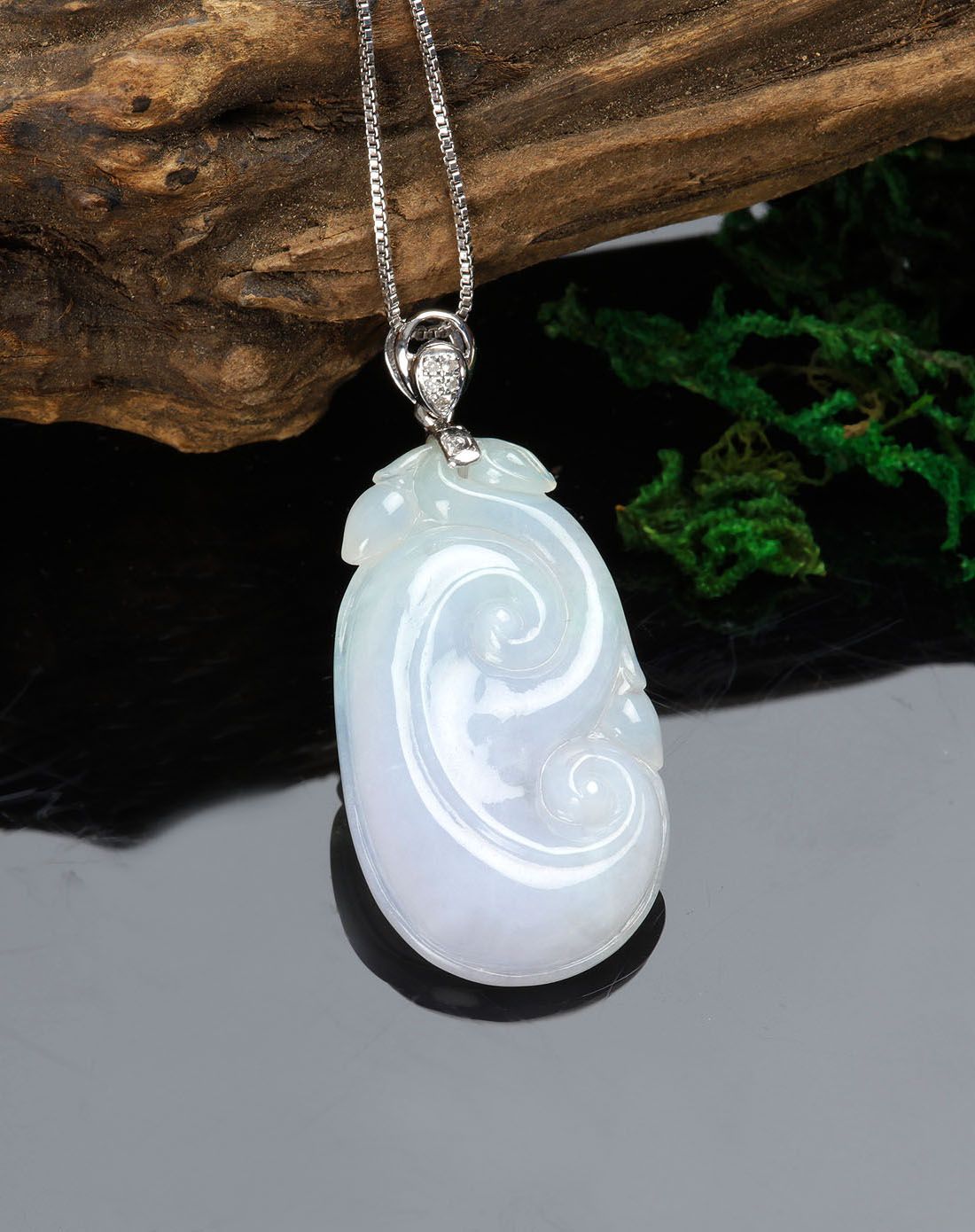 18k镶冰糯种莹白平安如意a货翡翠吊坠