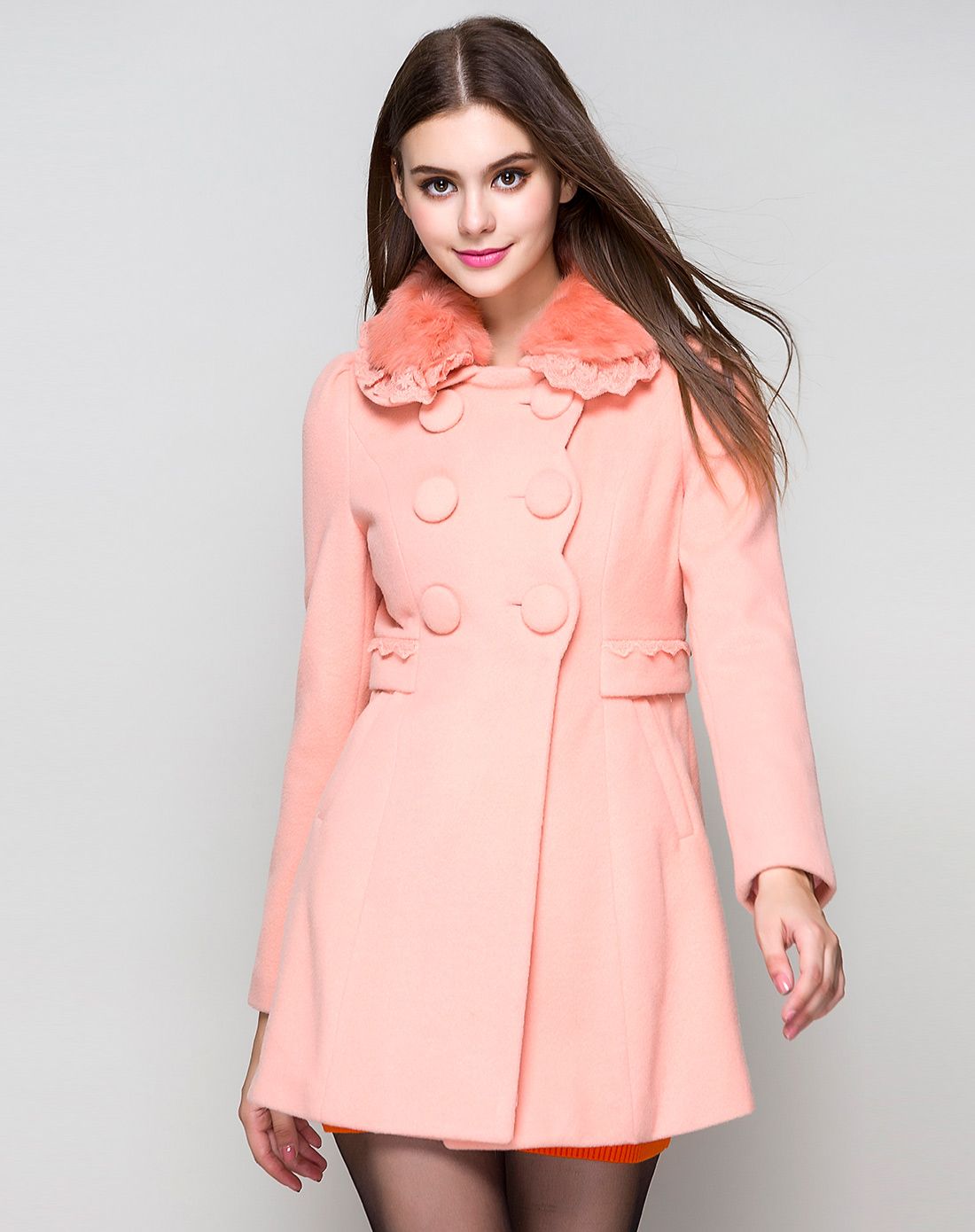 肉粉色优雅双排扣长袖毛呢大衣