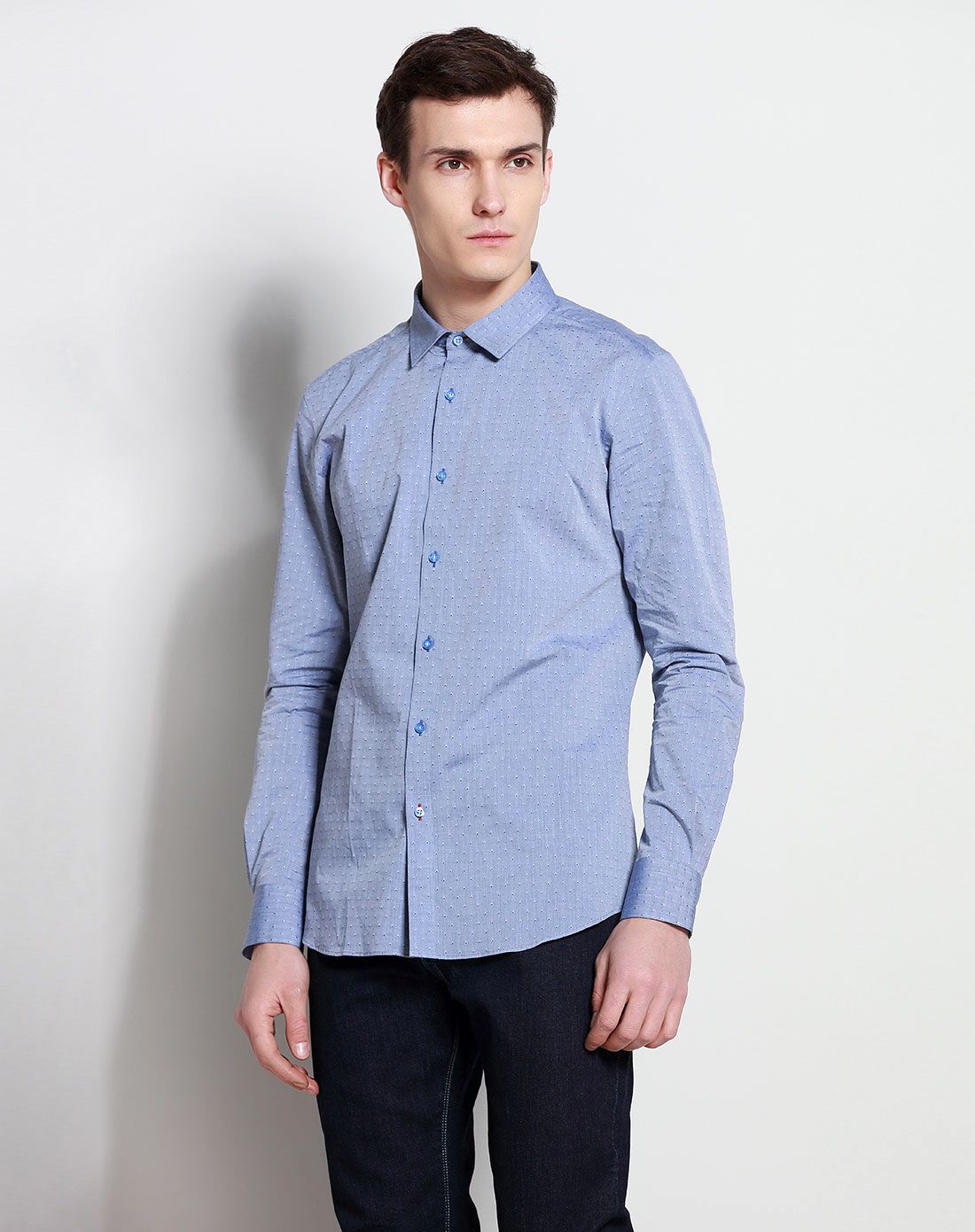 灰蓝色纯棉男士休闲长袖衬衫