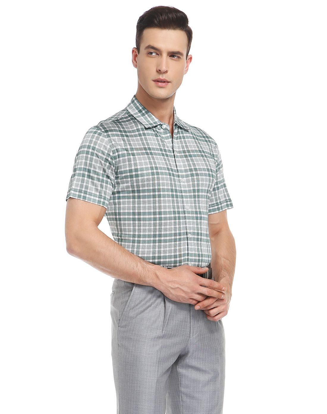 尼诺里拉ninoriva绿/白色桑蚕丝清爽格纹短袖针织衬衫