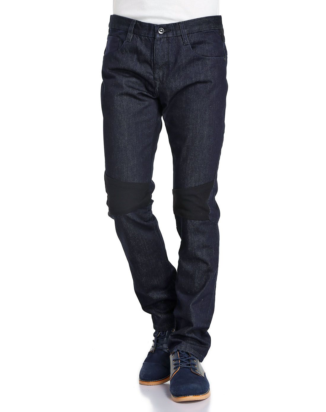 经典设计蓝黑色中腰牛仔长裤