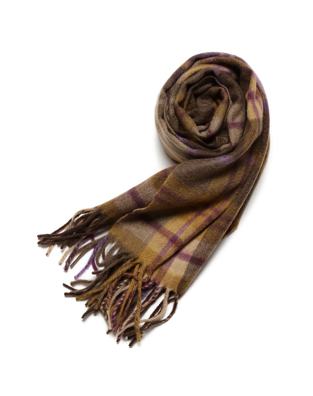 啡/多色格纹流苏时尚山羊绒围巾