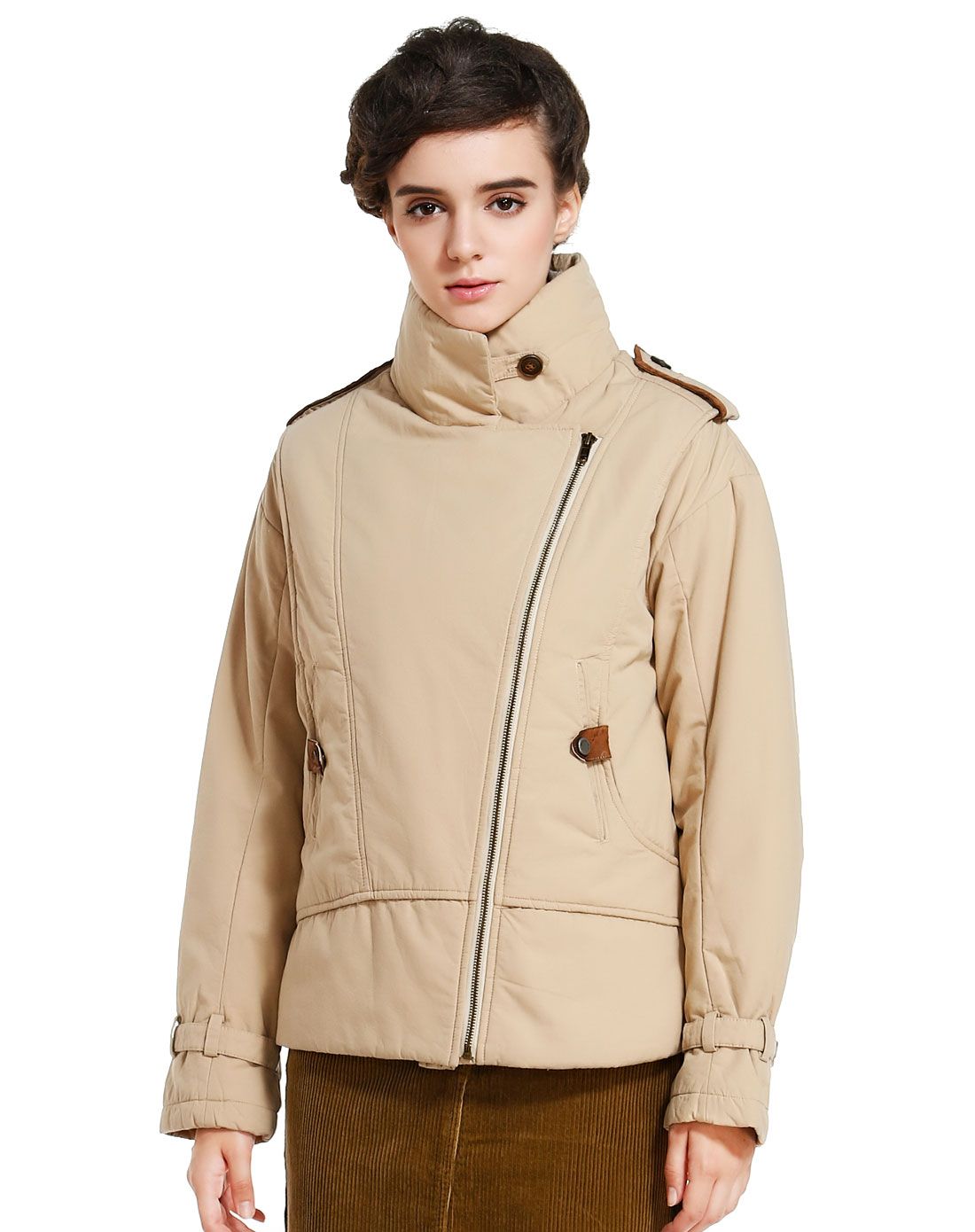 卡其色时尚斜拉链长袖棉衣