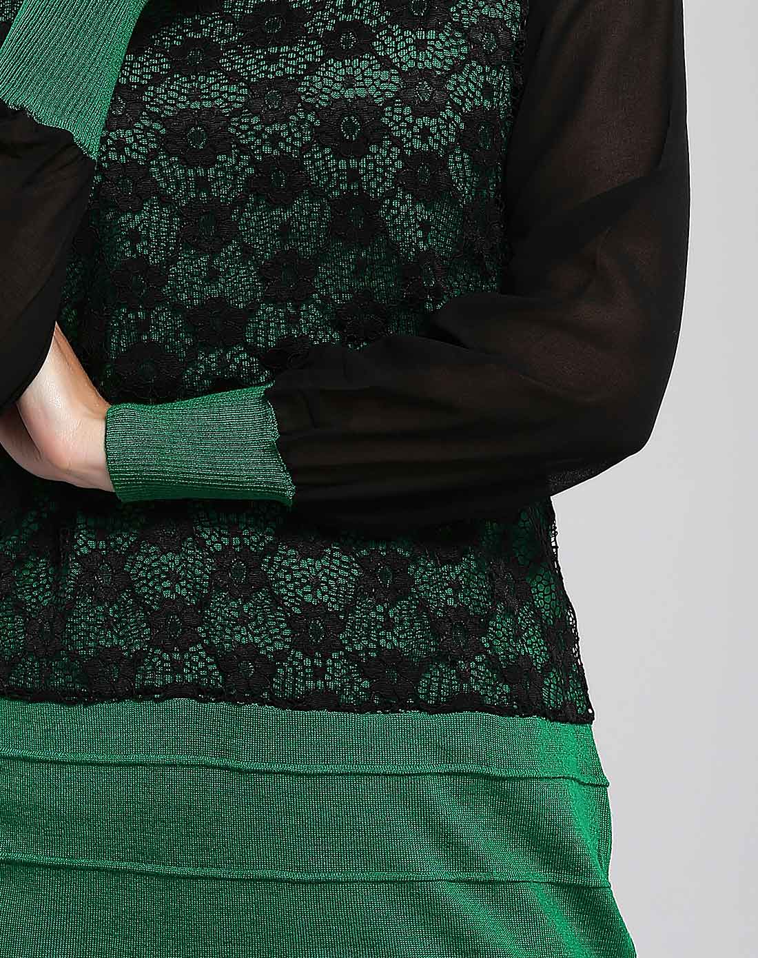 绿黑色透视雪纺袖蕾丝拼接细织连衣裙