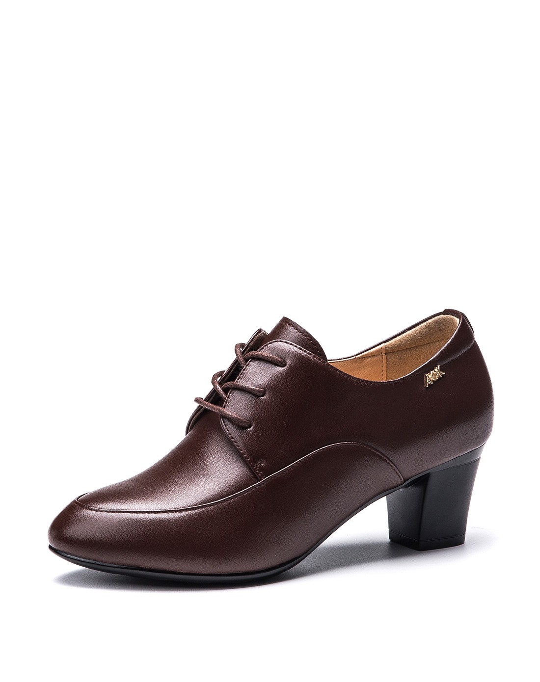 奥康女款棕色牛皮轻便中跟气质单鞋