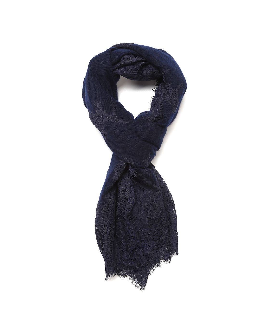 norah sue女款藏蓝色蕾丝饰边羊绒混羊毛围巾